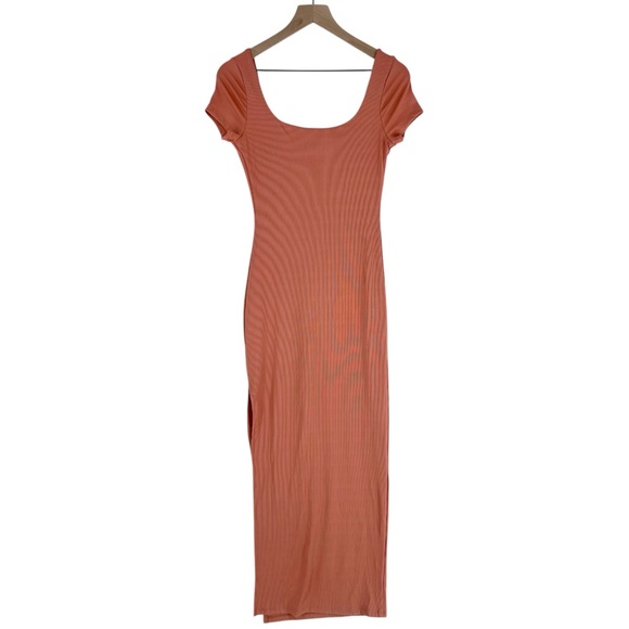 Haute Monde Blush Pink Stretch Ribbed Jersey Knit Side Slit Bodycon Maxi Dress - Picture 2 of 13